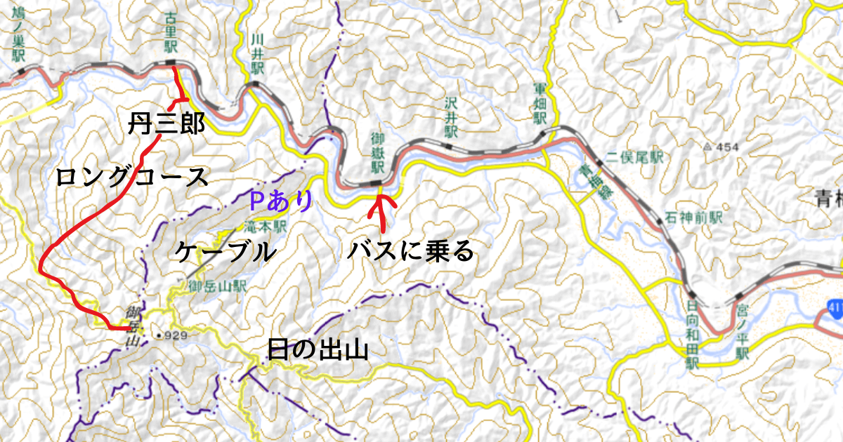 丹三郎尾根を示した地図